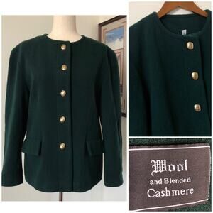 VTG Wool Cashmere Jacket 18‎ XL Emerald Green Gold Button Quiet Luxury 80s 90s